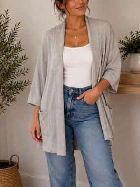 DONNI. Light Gray Open-Front Knit Cape Cardigan